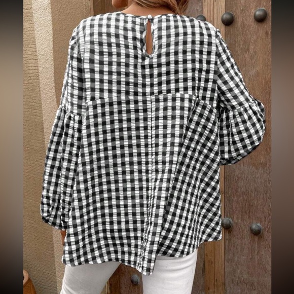 Boho Gingham Peplum Top Blouse Shirt Pink White - Picture 5 of 11